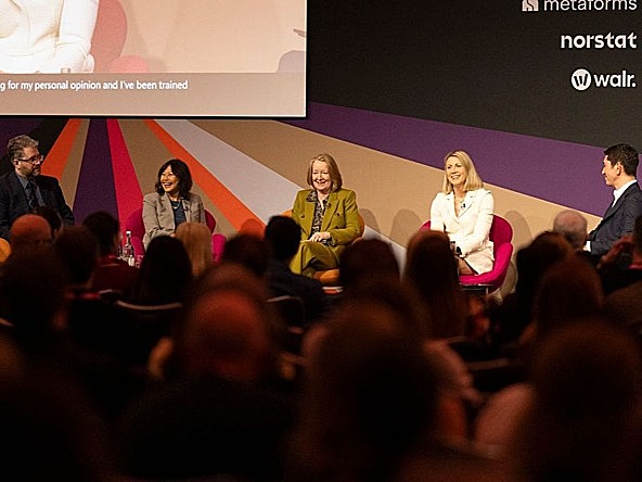 keynote panel session at MRS Conference 2026, Eliot Higgins, Elaine Rodrigo, Deborah Mattinson, Kelly Beaver, Dex Hunter-Torricke